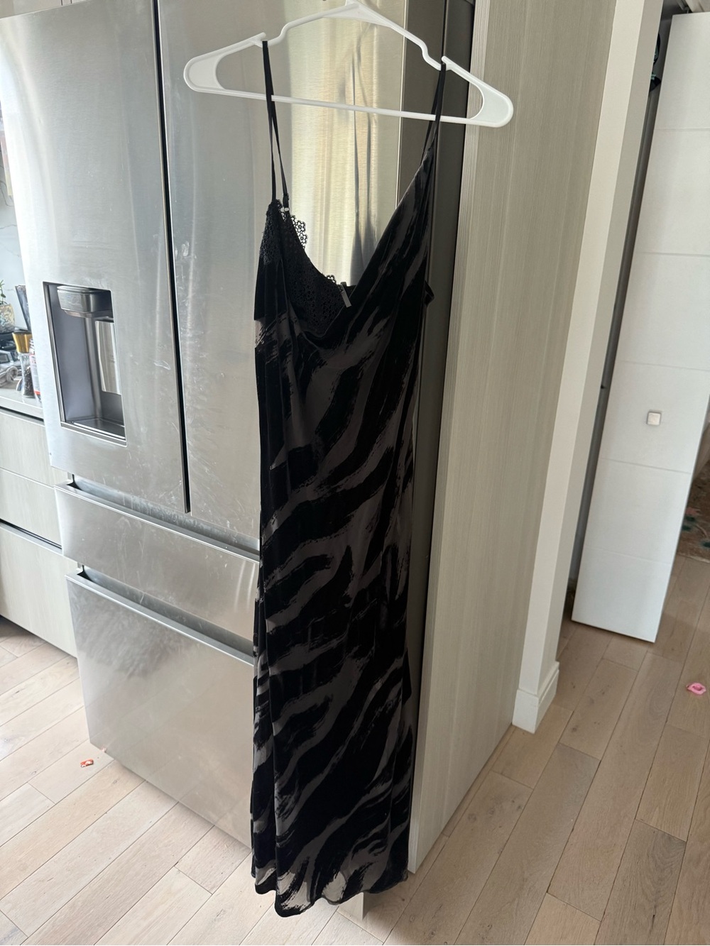 Anthropologie Black Satin Slip Maxi Dress with Subtle Animal Stripe